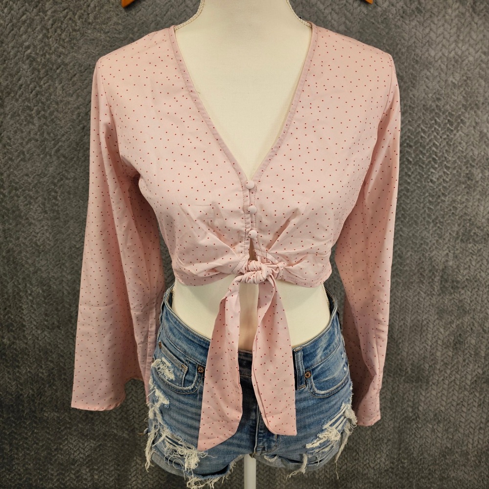 Romantic Contemporary Pink Polka Dot Coquette Tie Front Bell Sleeve Crop Top XS